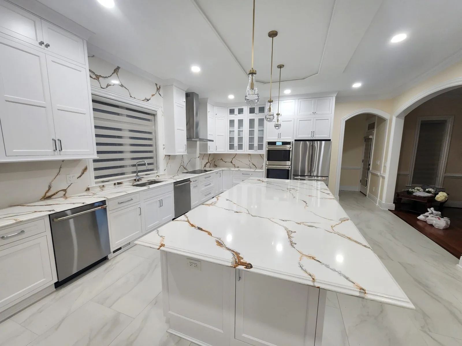 Full quartzite slab countertop and waterfall island, Northern Virginia