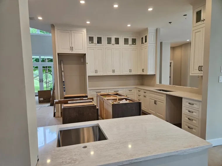 Bright white kitchen with calacatta island and open layout, Northern Virginia