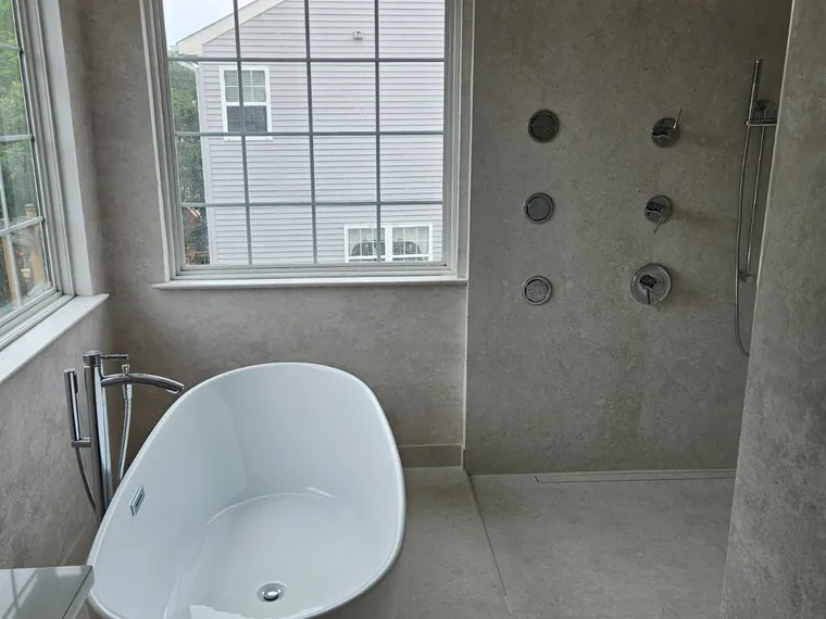 Spa master bathroom with freestanding tub and body-spray shower, Northern Virginia