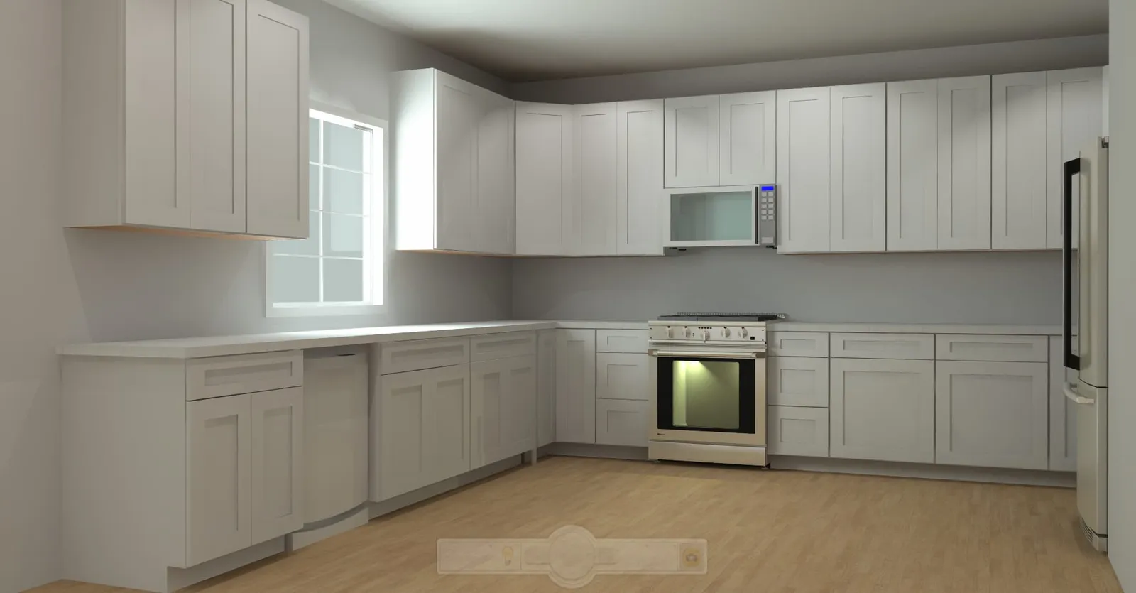 Photorealistic 3D design rendering of a white shaker kitchen